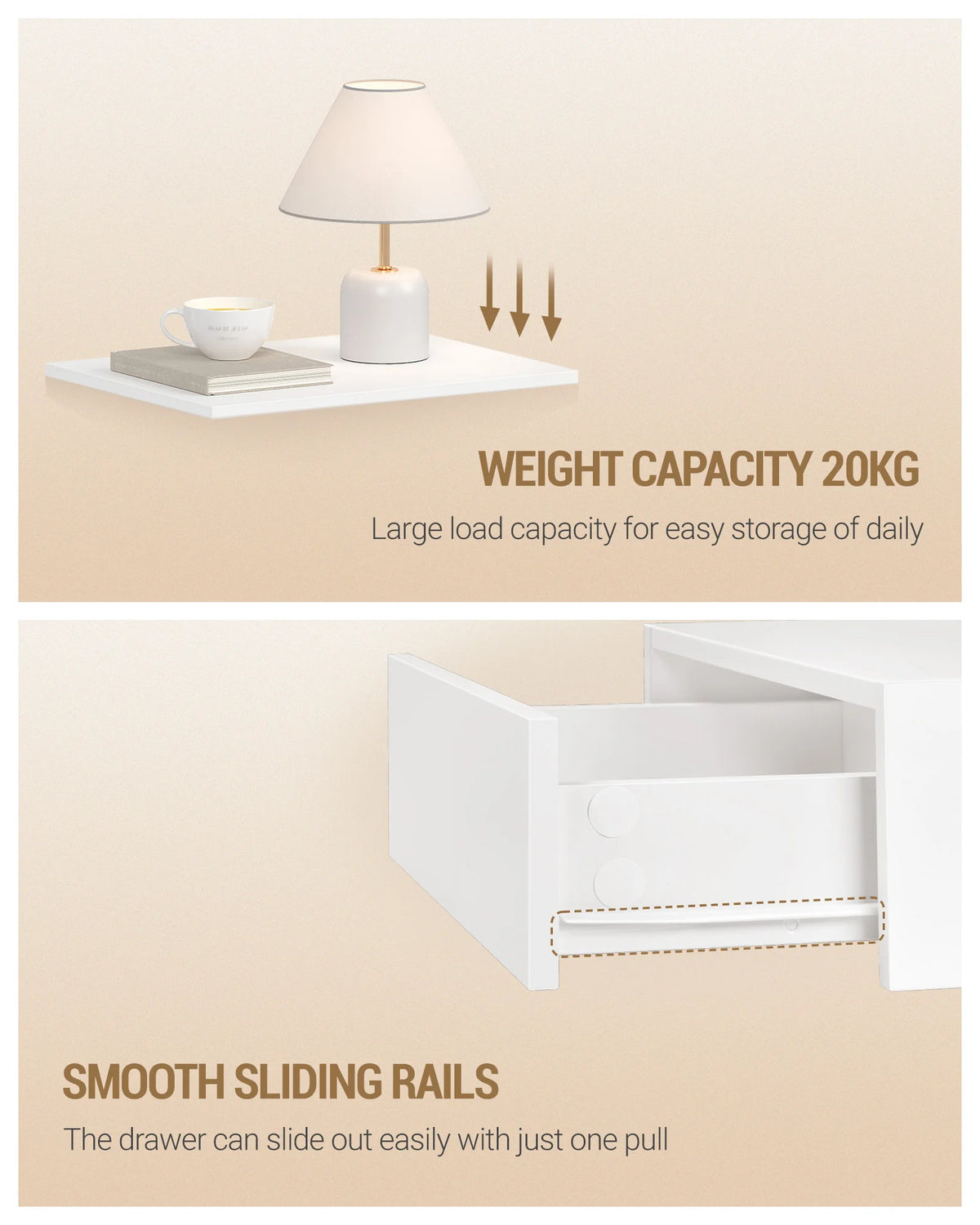 Duo de tables de chevet suspendues blanches – Tiroir & niche