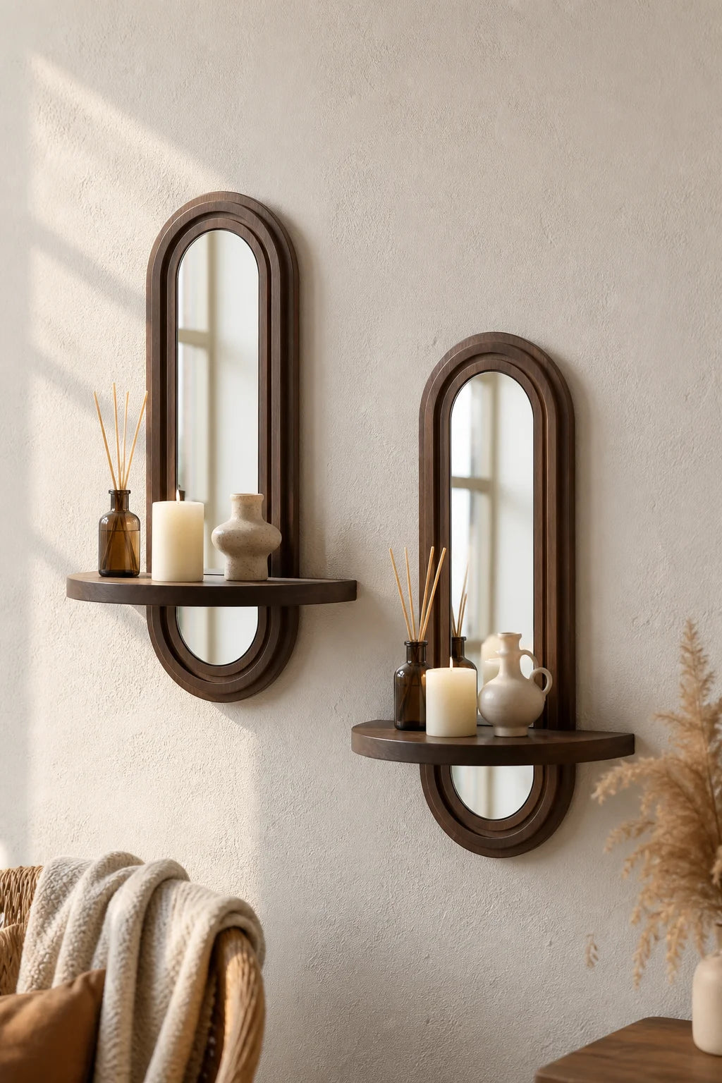 Miroir arche en bois avec étagère flottante – Esprit bohème