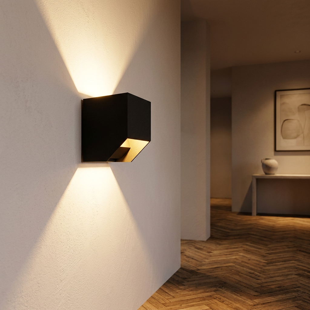 Applique LED carrée noire allumée dans un couloir moderne