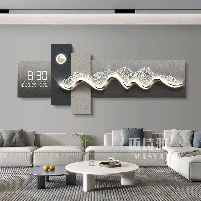 Tableau mural lumineux LED avec horloge, décor montagne