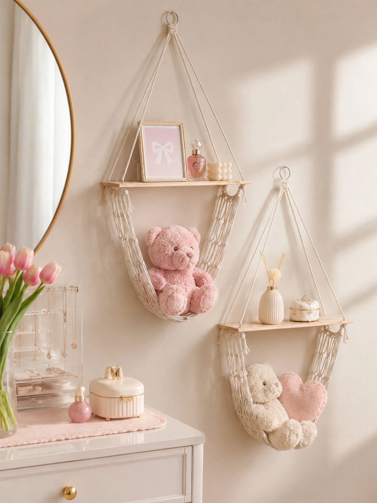 Étagère suspendue en macramé & panier filet – Bohème