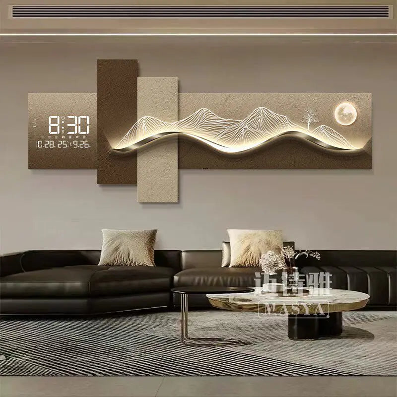 Tableau mural lumineux LED avec horloge, décor montagne