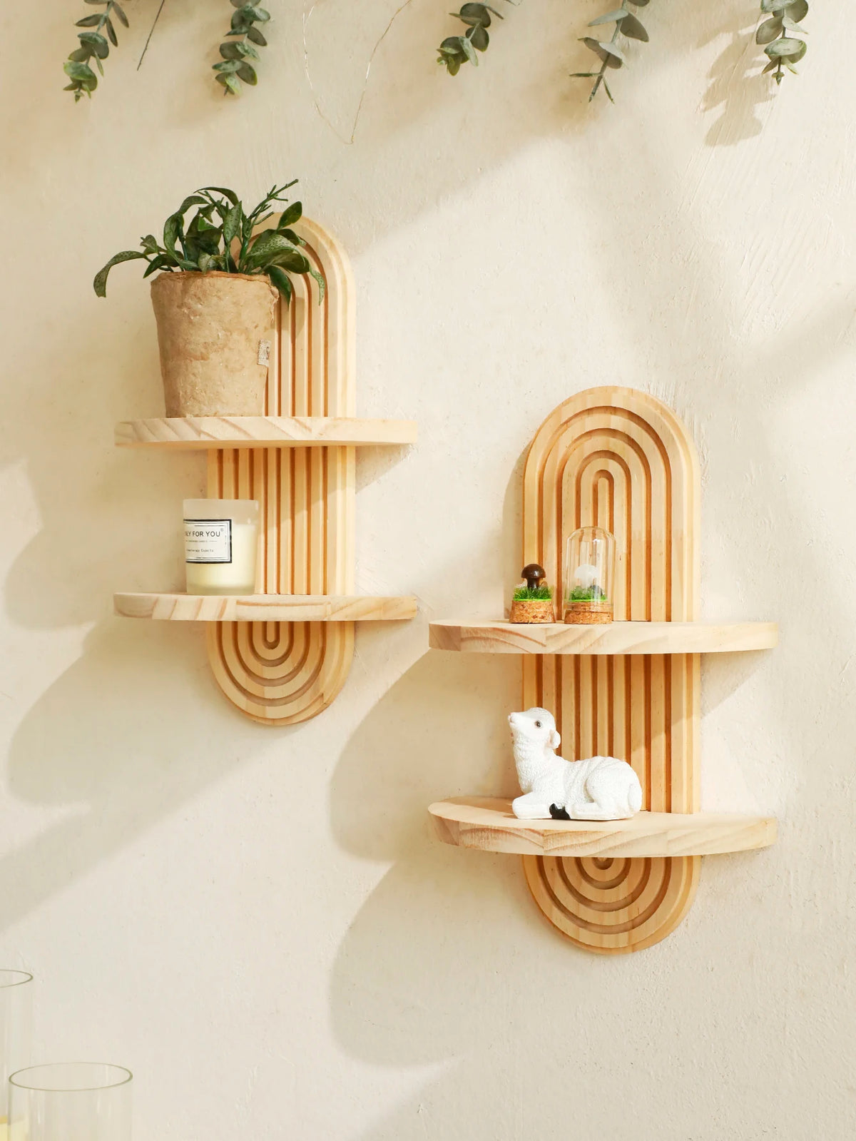 Étagère murale géométrique en bois naturel – Style bohème