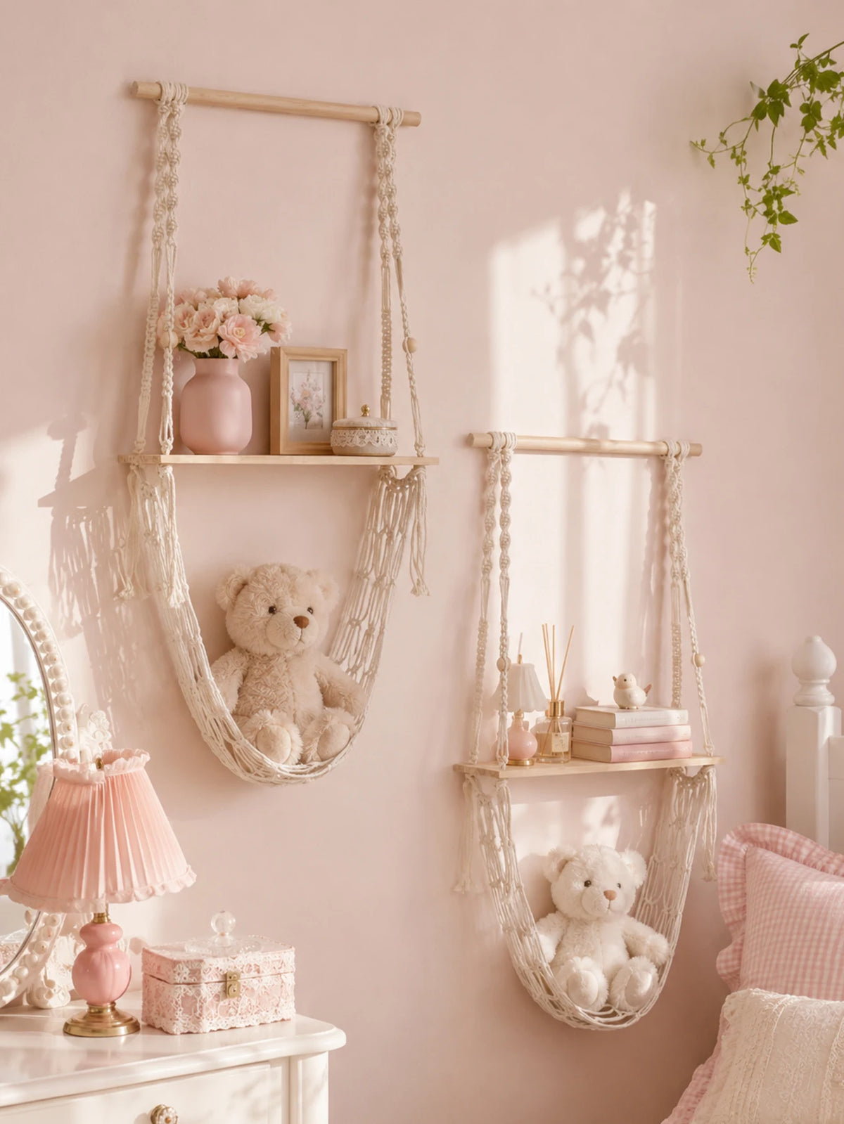 Étagère suspendue en macramé & panier filet – Bohème