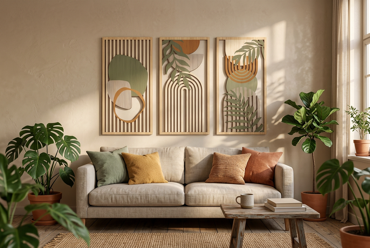 Trio d’art mural en bois sauge au-dessus d’un canapé dans un salon cosy