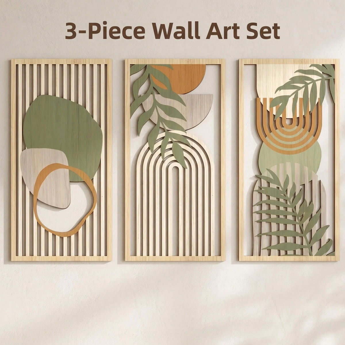 Trio d’art mural en bois sauge et lignes florales