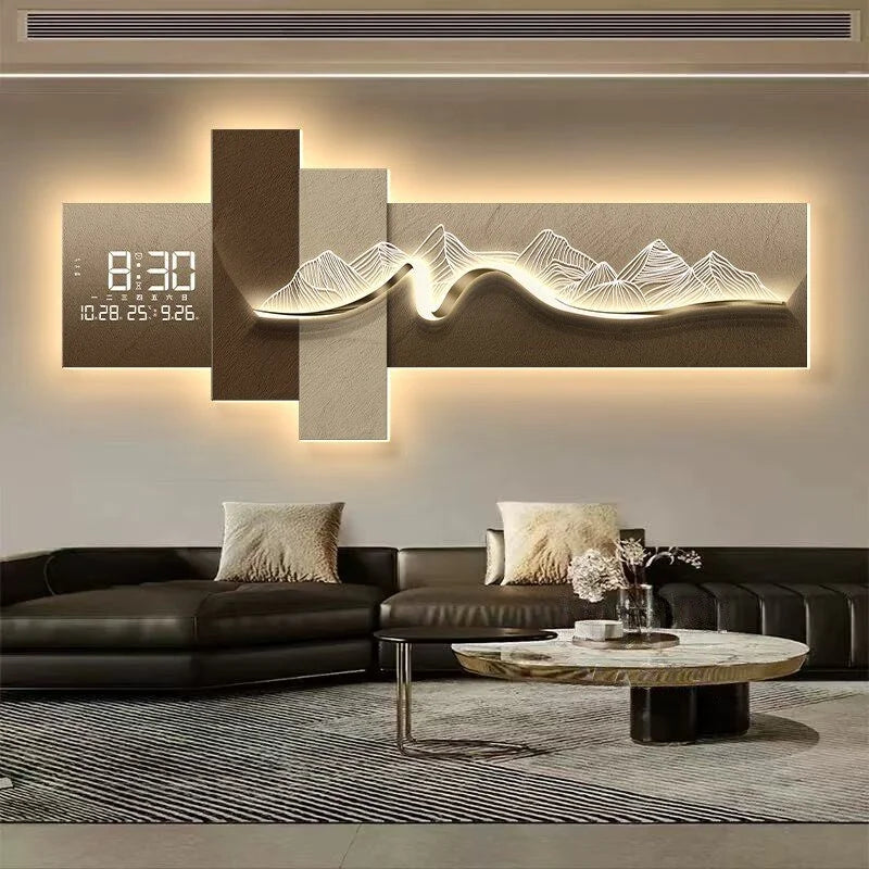 Tableau mural lumineux LED avec horloge, décor montagne