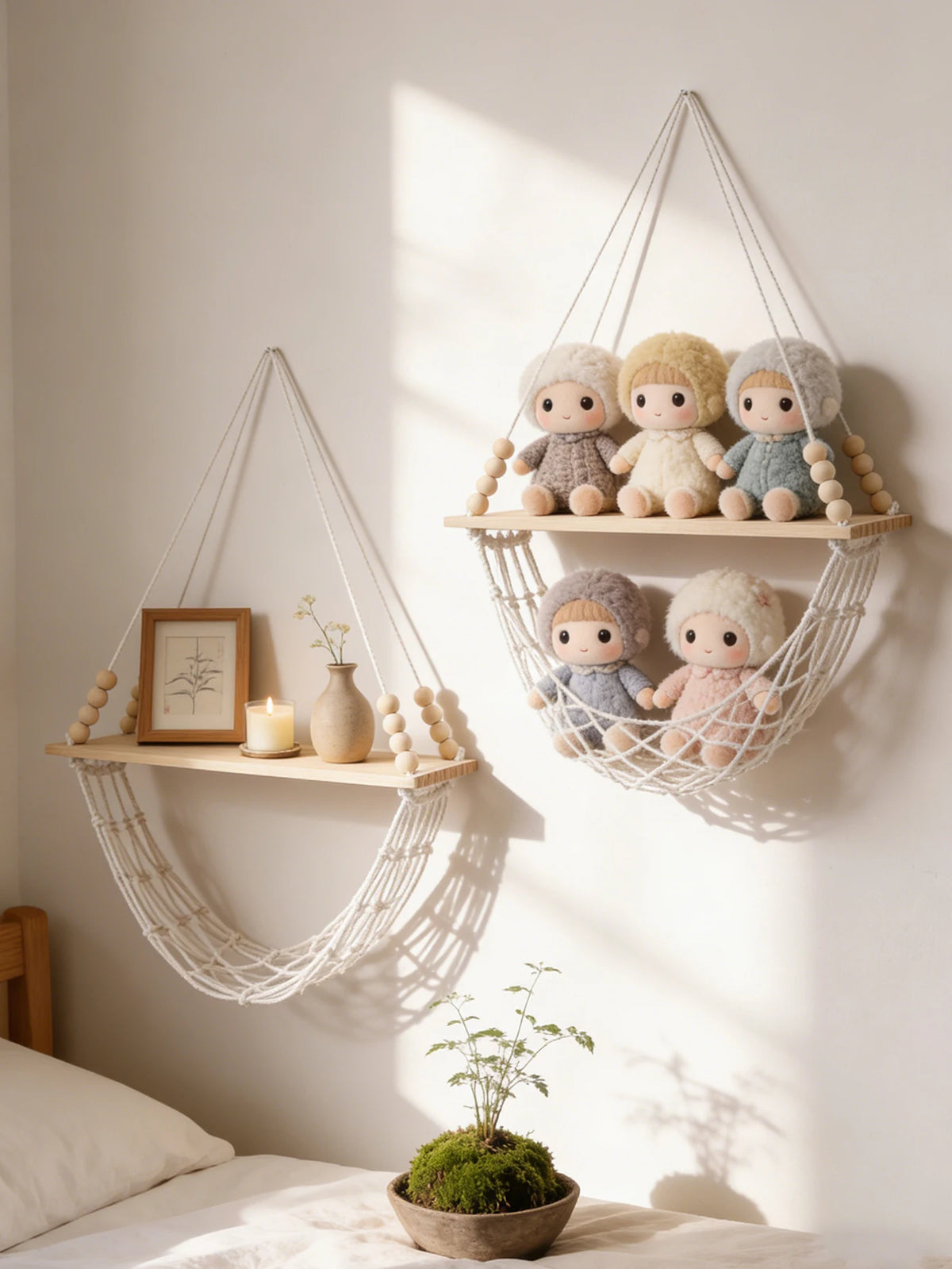 Étagère suspendue en macramé & panier filet – Bohème