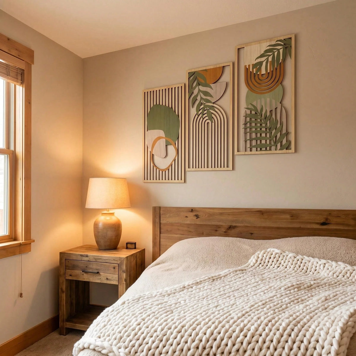 Trio d’art mural en bois – Sauge & lignes florales