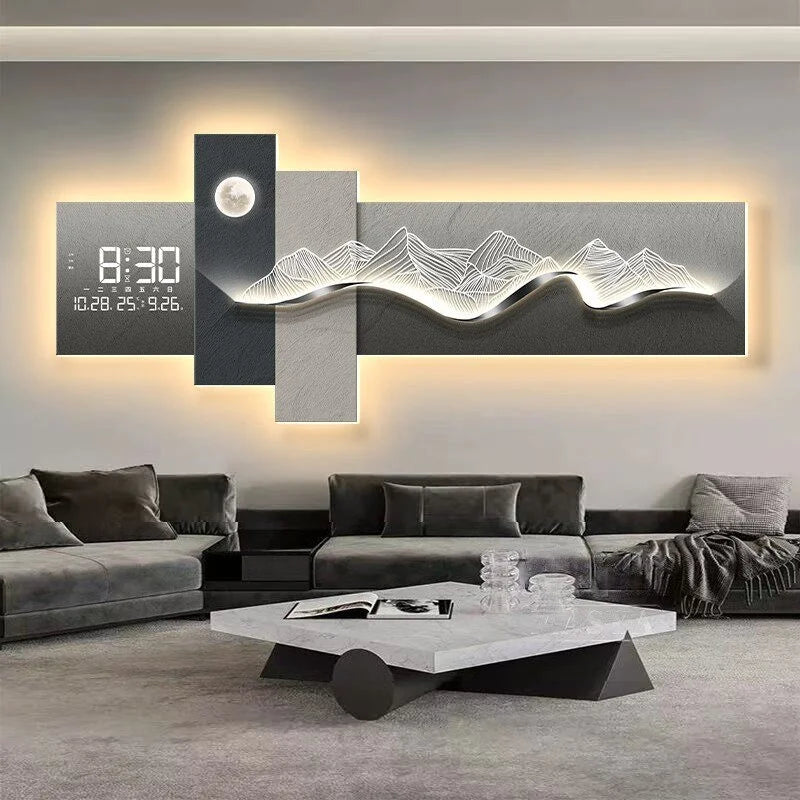 Tableau mural lumineux LED avec horloge, décor montagne