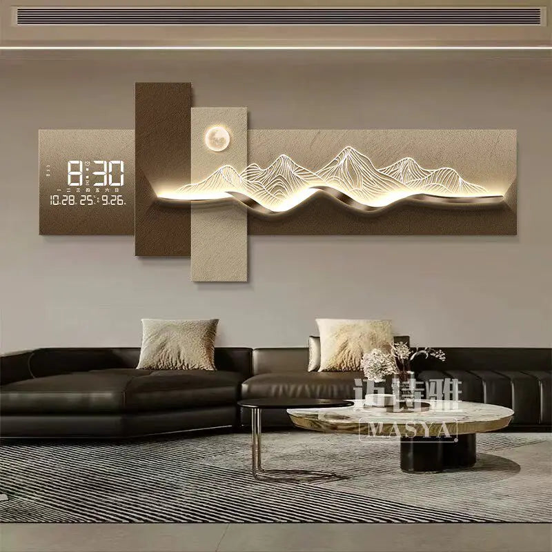 Tableau mural lumineux LED avec horloge, décor montagne