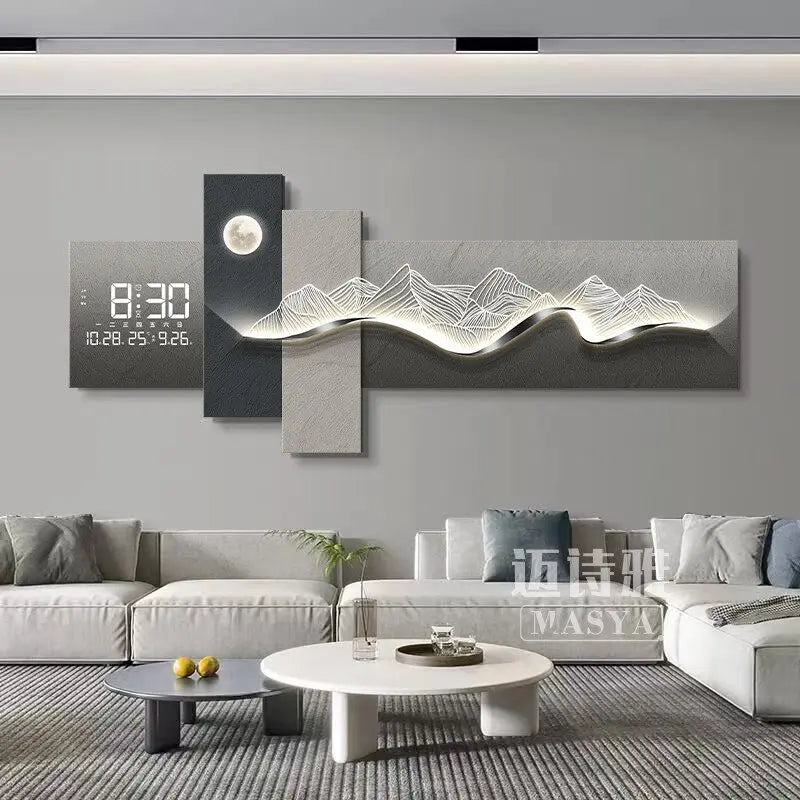 Tableau mural lumineux LED avec horloge, décor montagne