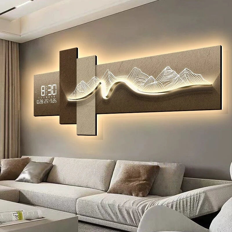 Tableau mural lumineux LED avec horloge, décor montagne