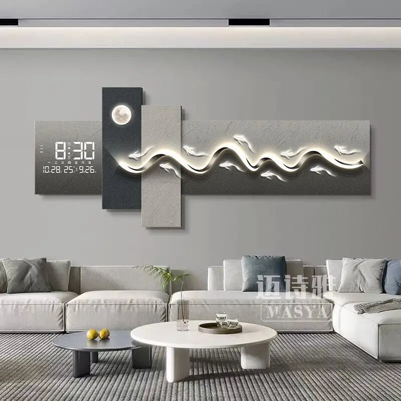 Tableau mural lumineux LED avec horloge, décor montagne
