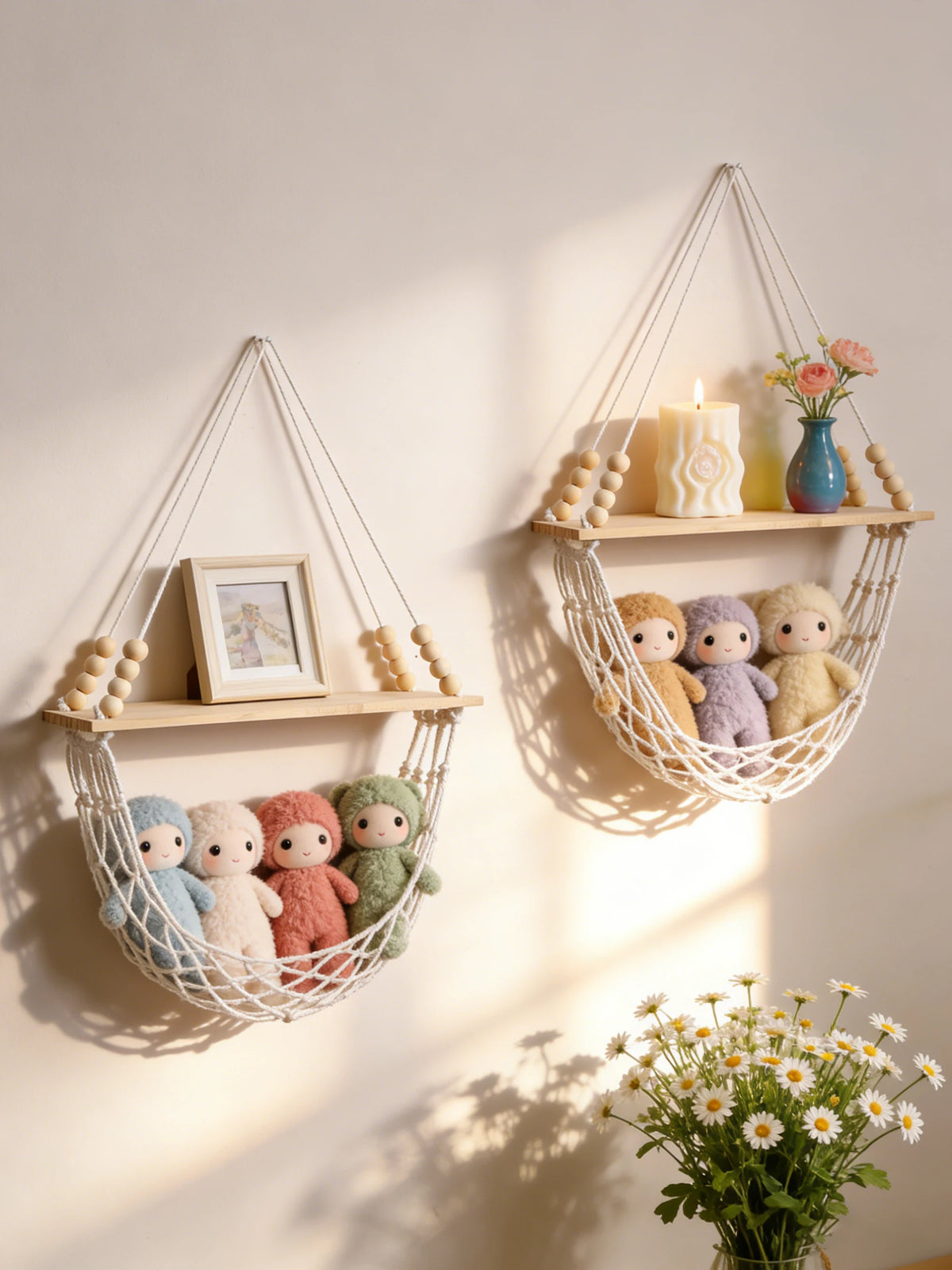 Étagère suspendue en macramé & panier filet – Bohème