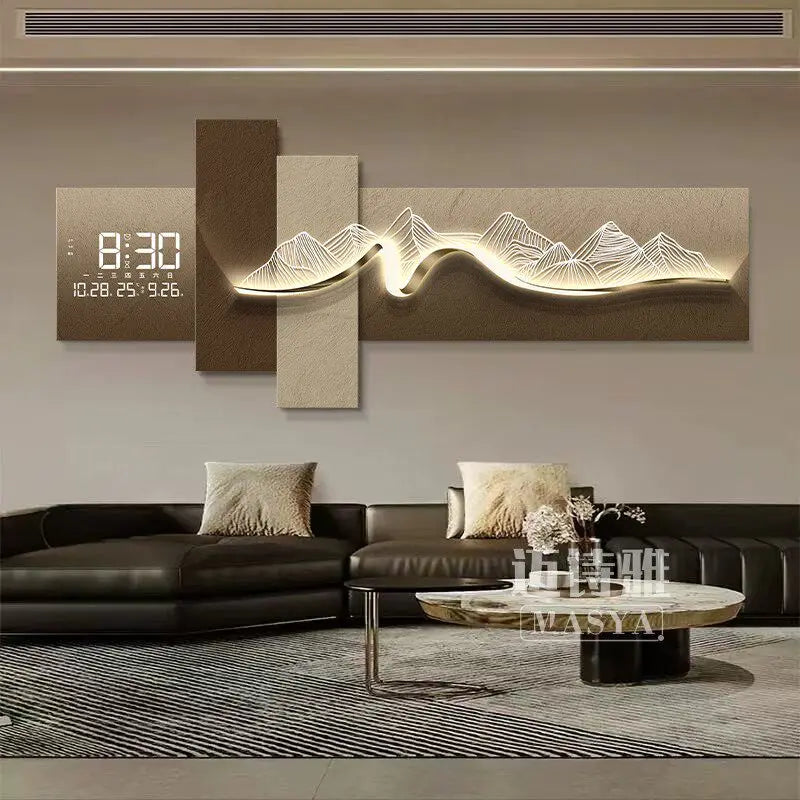 Tableau mural lumineux LED avec horloge, décor montagne