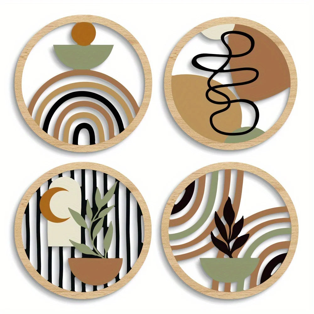Lot de 4 décorations murales rondes en bois, style bohème