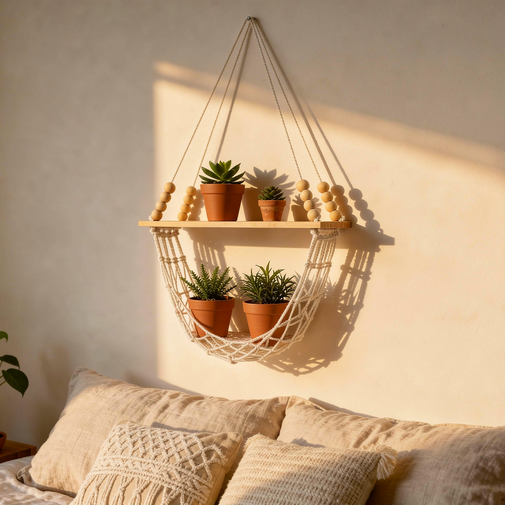 Étagère suspendue en macramé avec plantes dans une chambre bohème