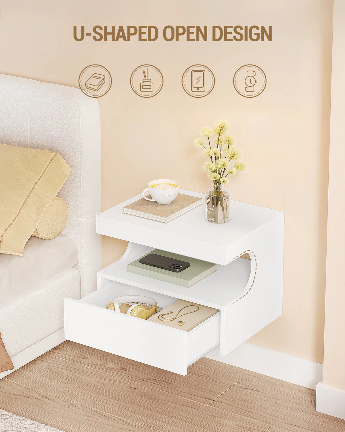 Duo de tables de chevet suspendues blanches – Tiroir & niche