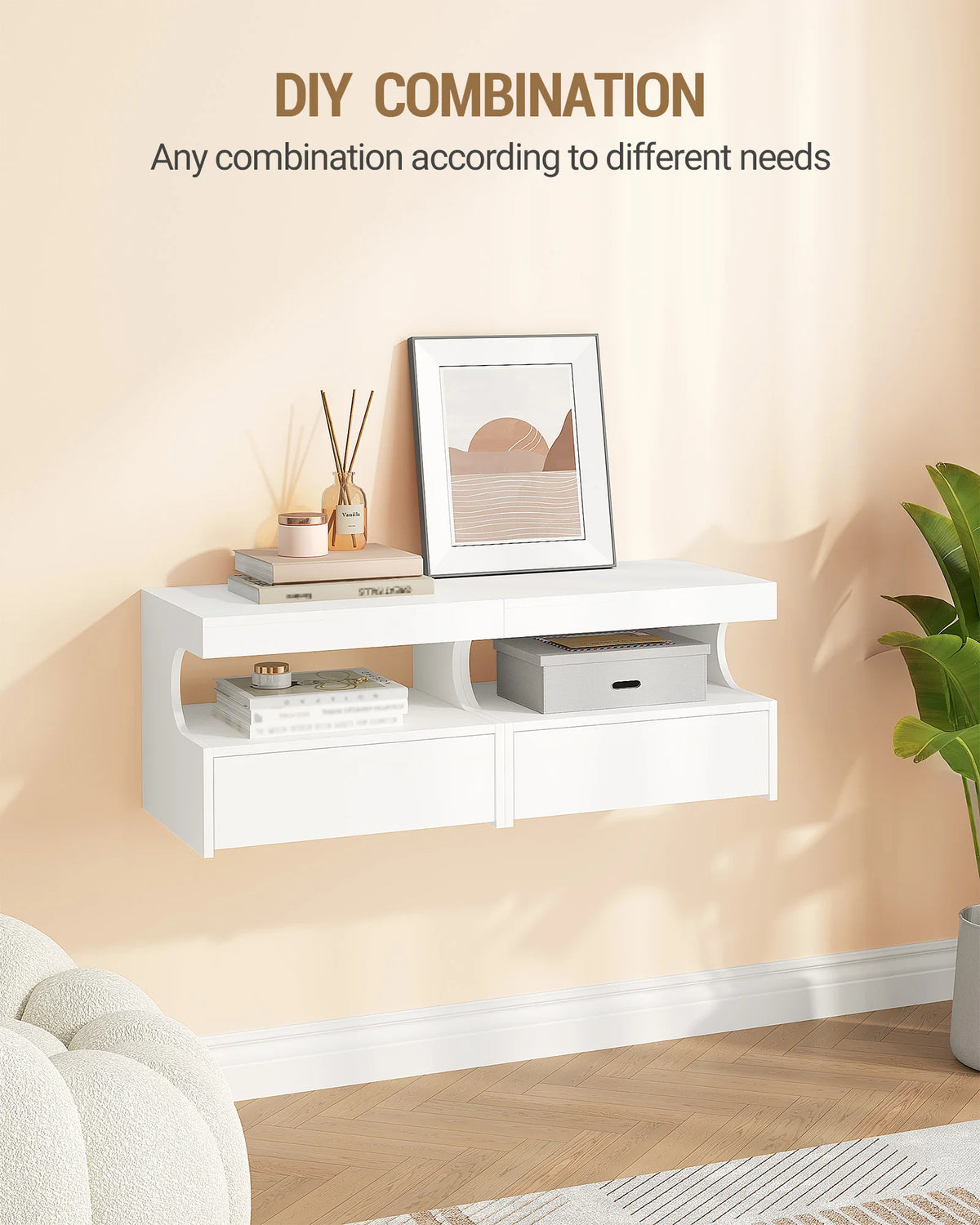 Duo de tables de chevet suspendues blanches – Tiroir & niche