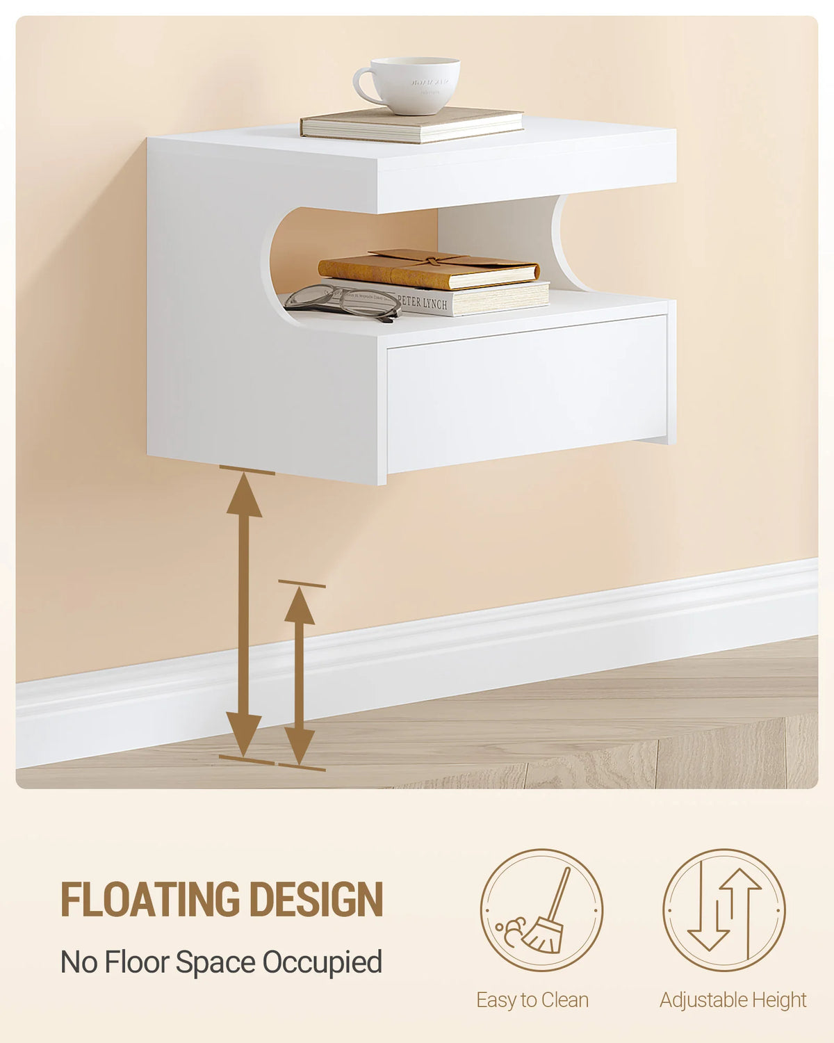 Duo de tables de chevet suspendues blanches – Tiroir & niche