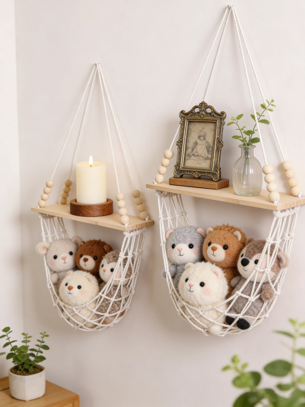 Étagère suspendue en macramé & panier filet – Bohème