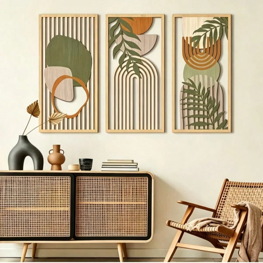 Trio d’art mural en bois – Sauge & lignes florales