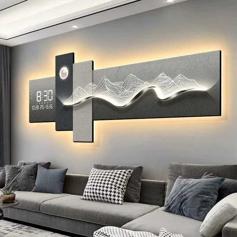 Tableau mural lumineux LED avec horloge, décor montagne