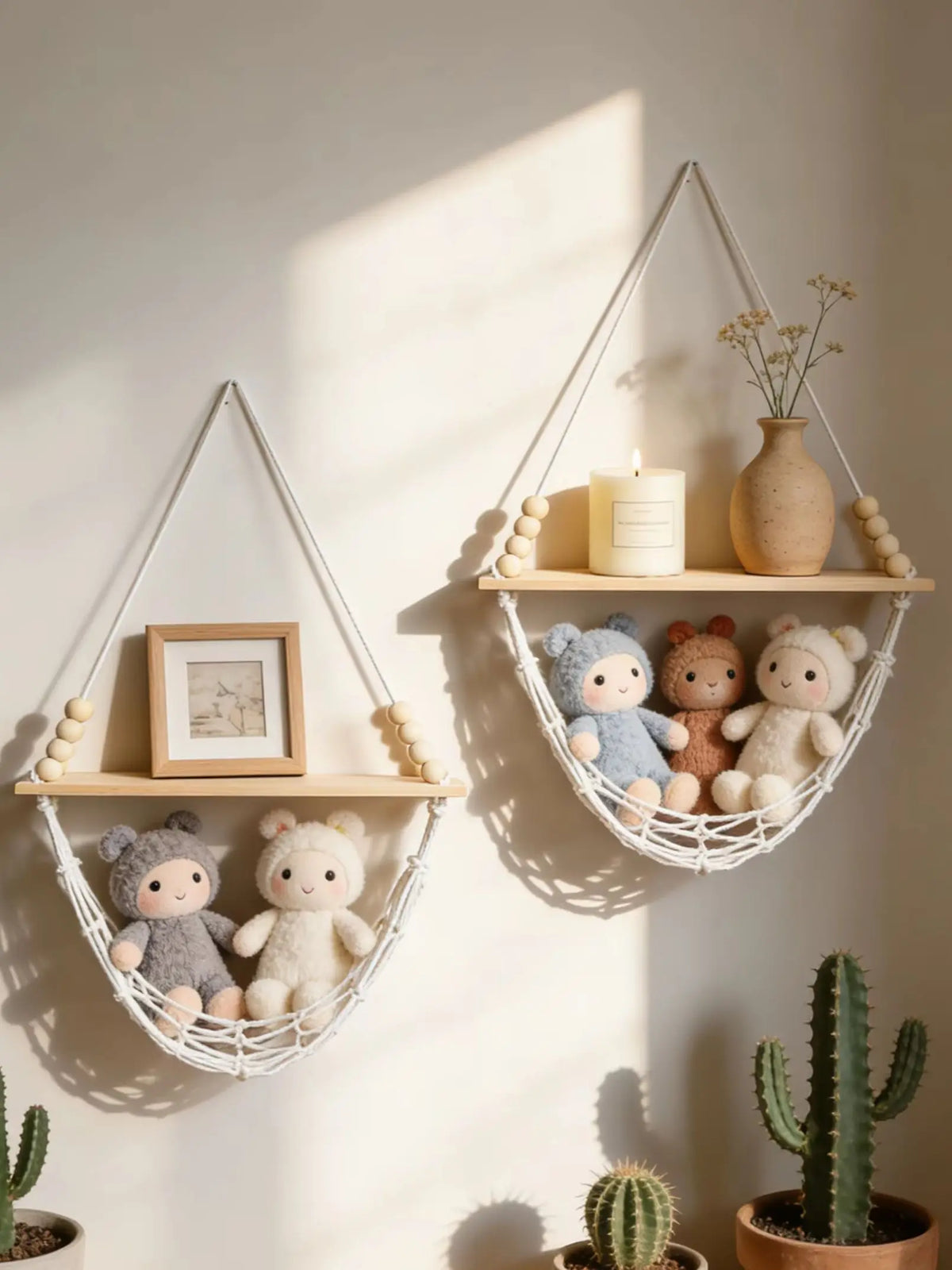 Étagère suspendue en macramé & panier filet – Bohème