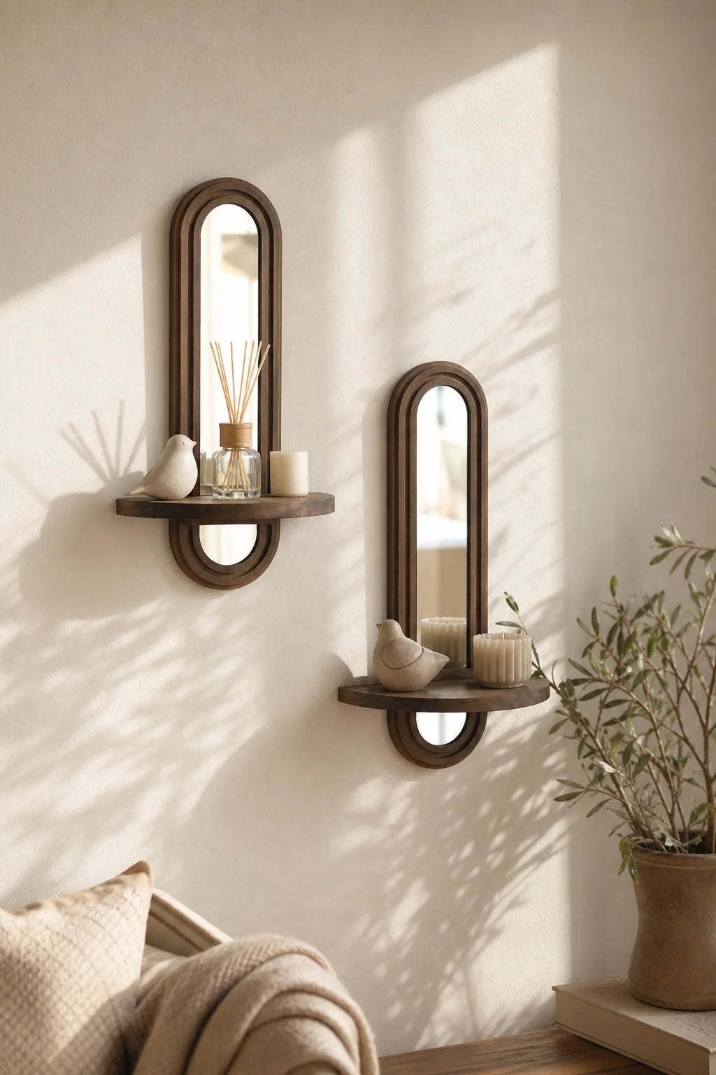 Miroir arche en bois avec étagère flottante – Esprit bohème