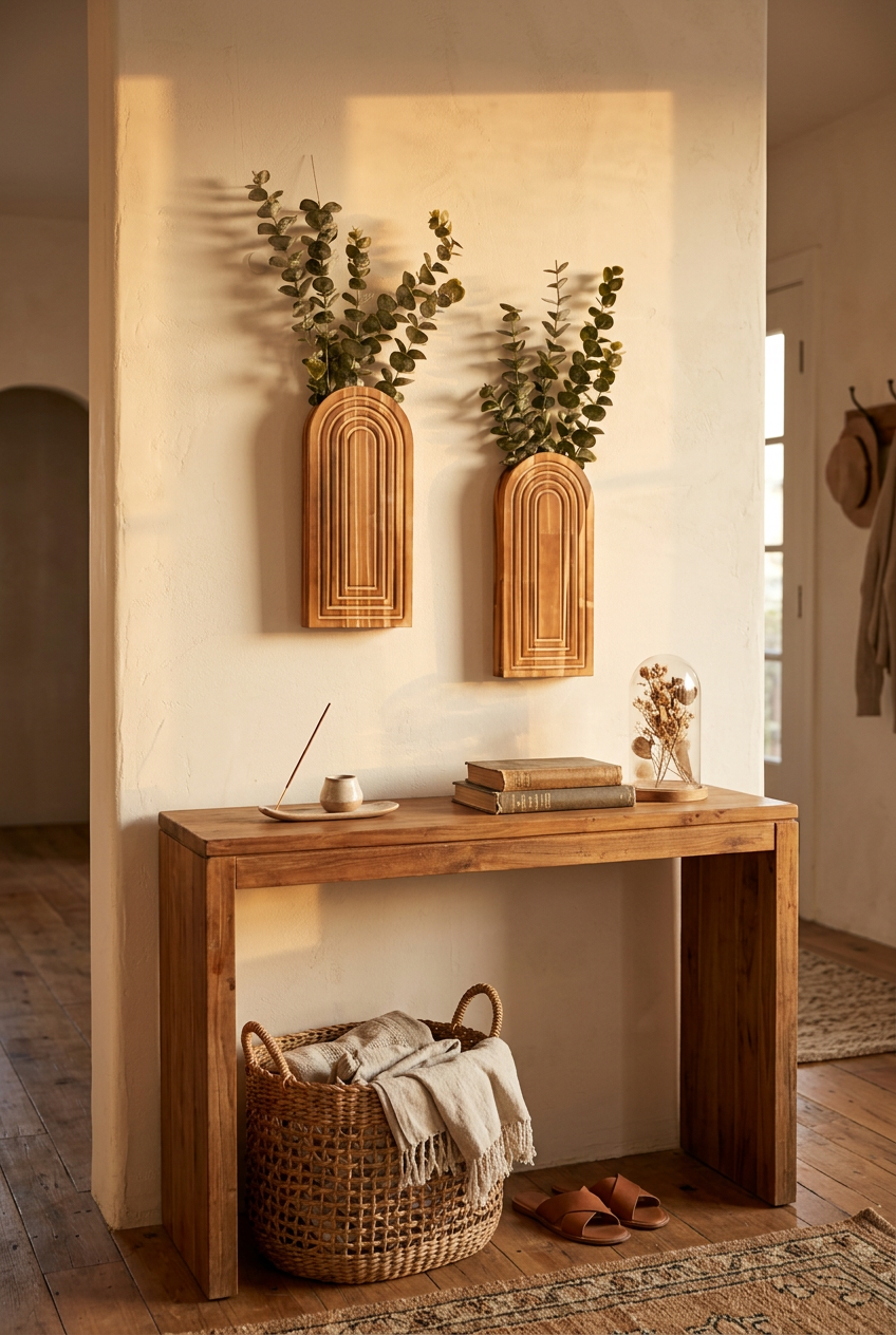 Vases muraux arche en bois au-dessus d'une console dans une entrée bohème