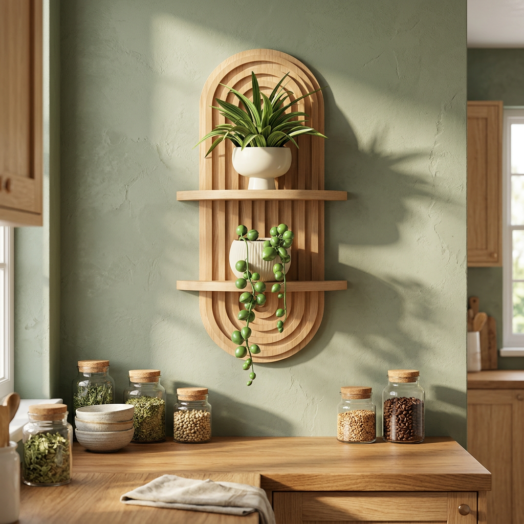 Étagère arche en bois rustique avec plantes dans une cuisine cosy