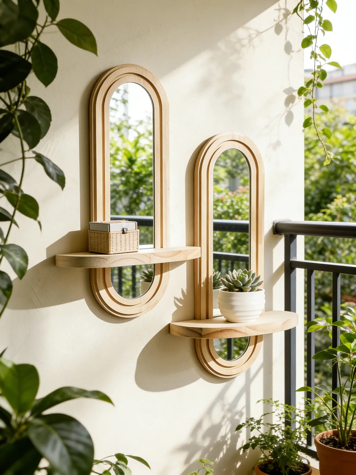 Miroir arche en bois avec étagère flottante – Esprit bohème