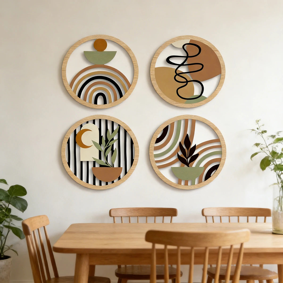 Lot de 4 décorations murales rondes en bois, style bohème