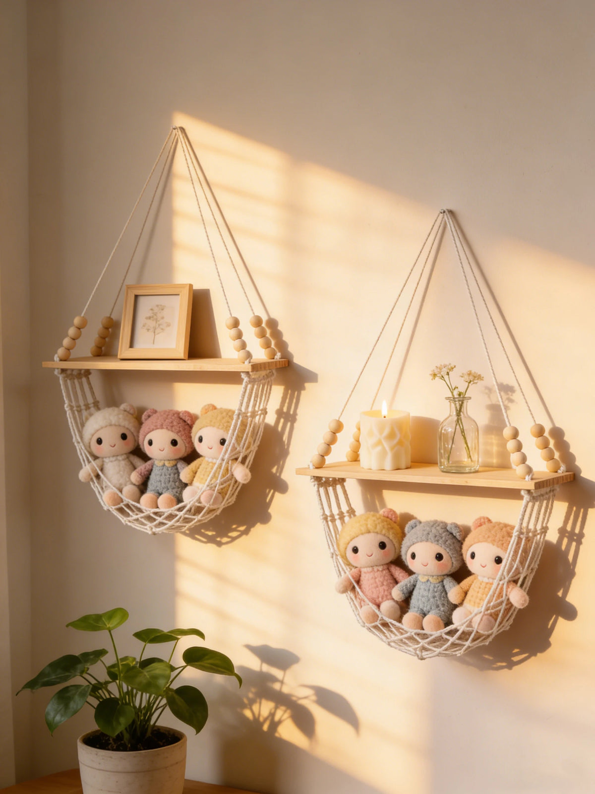 Étagère suspendue en macramé et bois, style bohème