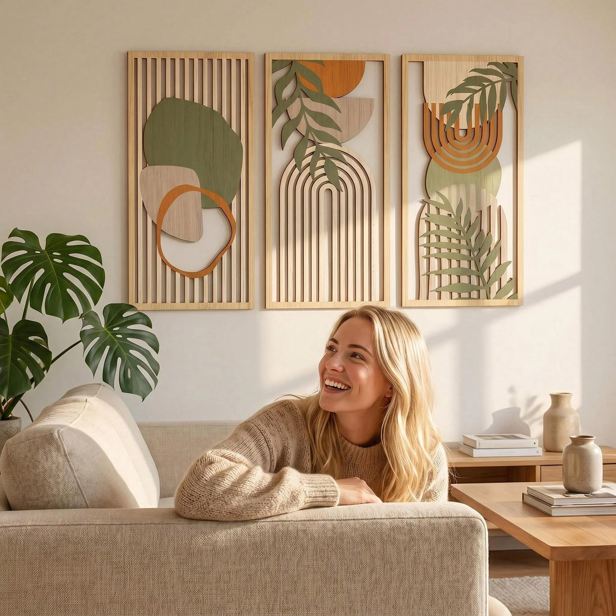 Trio d’art mural en bois – Sauge & lignes florales