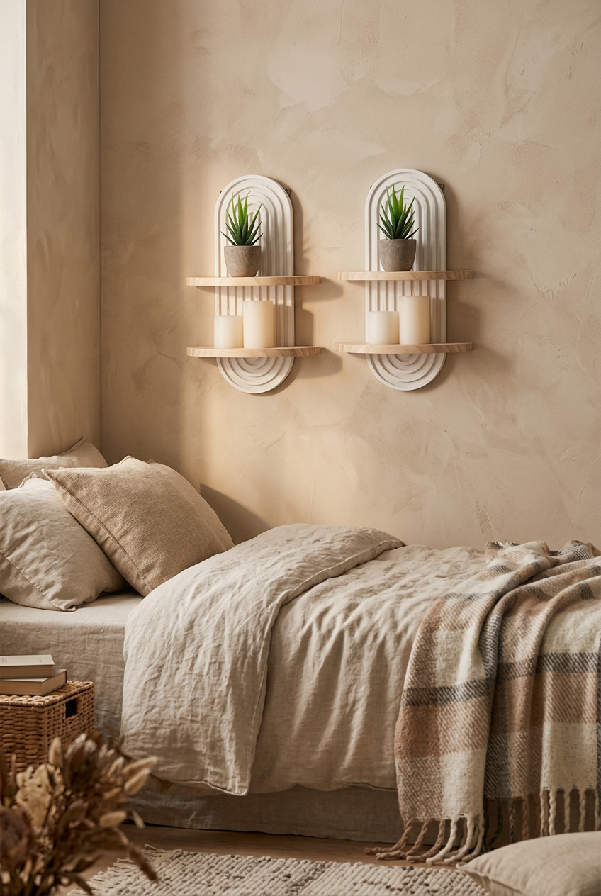 Étagères flottantes en bois au-dessus d'un lit dans une chambre cosy