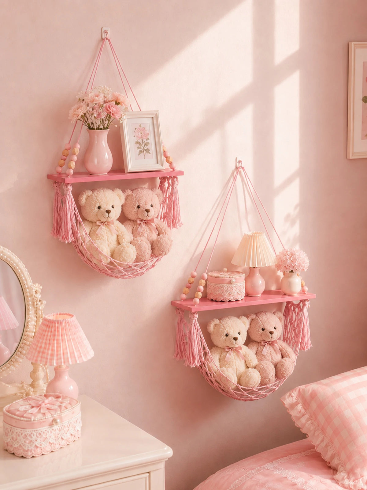 Étagère suspendue en macramé & panier filet – Bohème