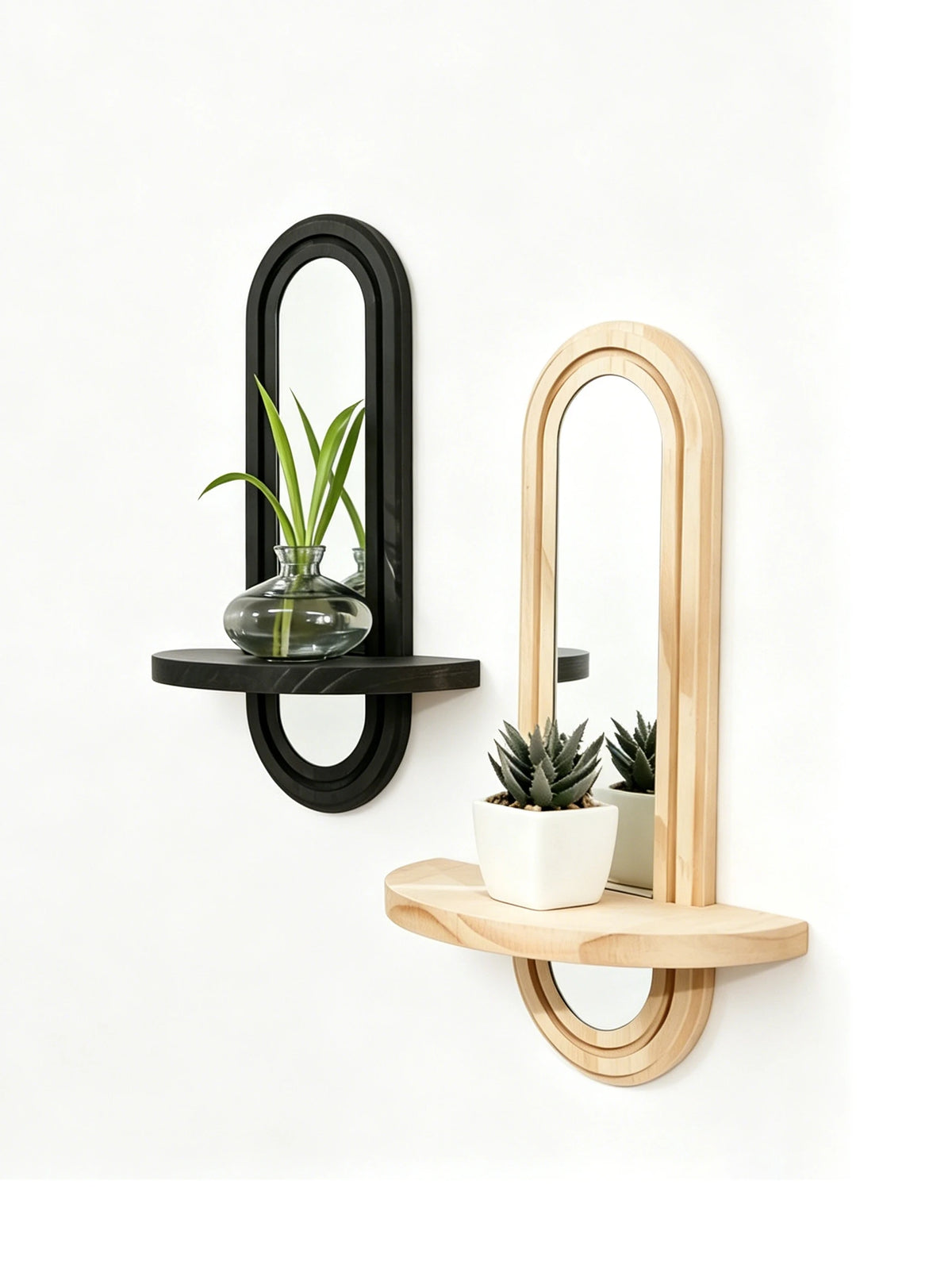 Miroir arche en bois avec étagère flottante – Esprit bohème