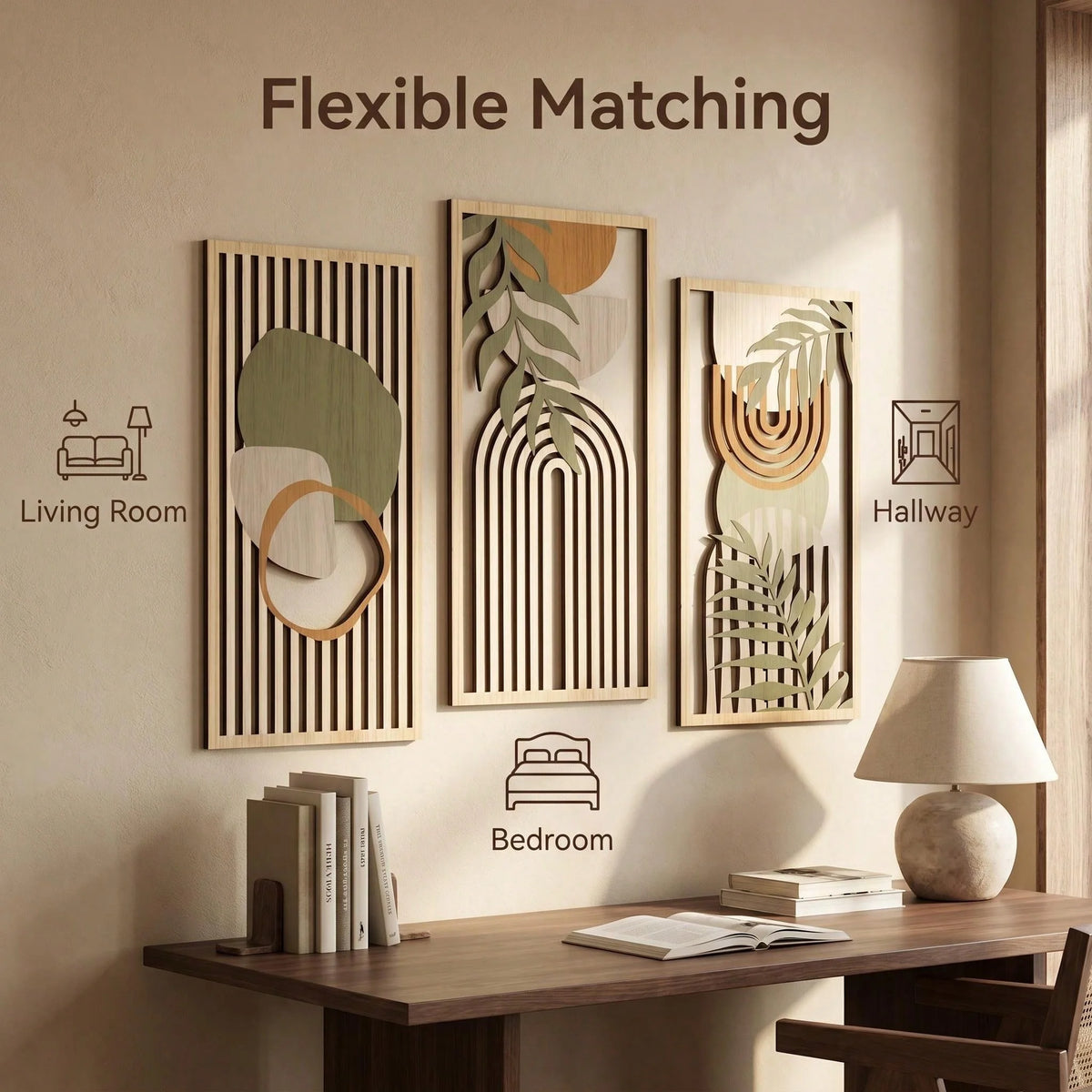 Trio d’art mural en bois – Sauge & lignes florales