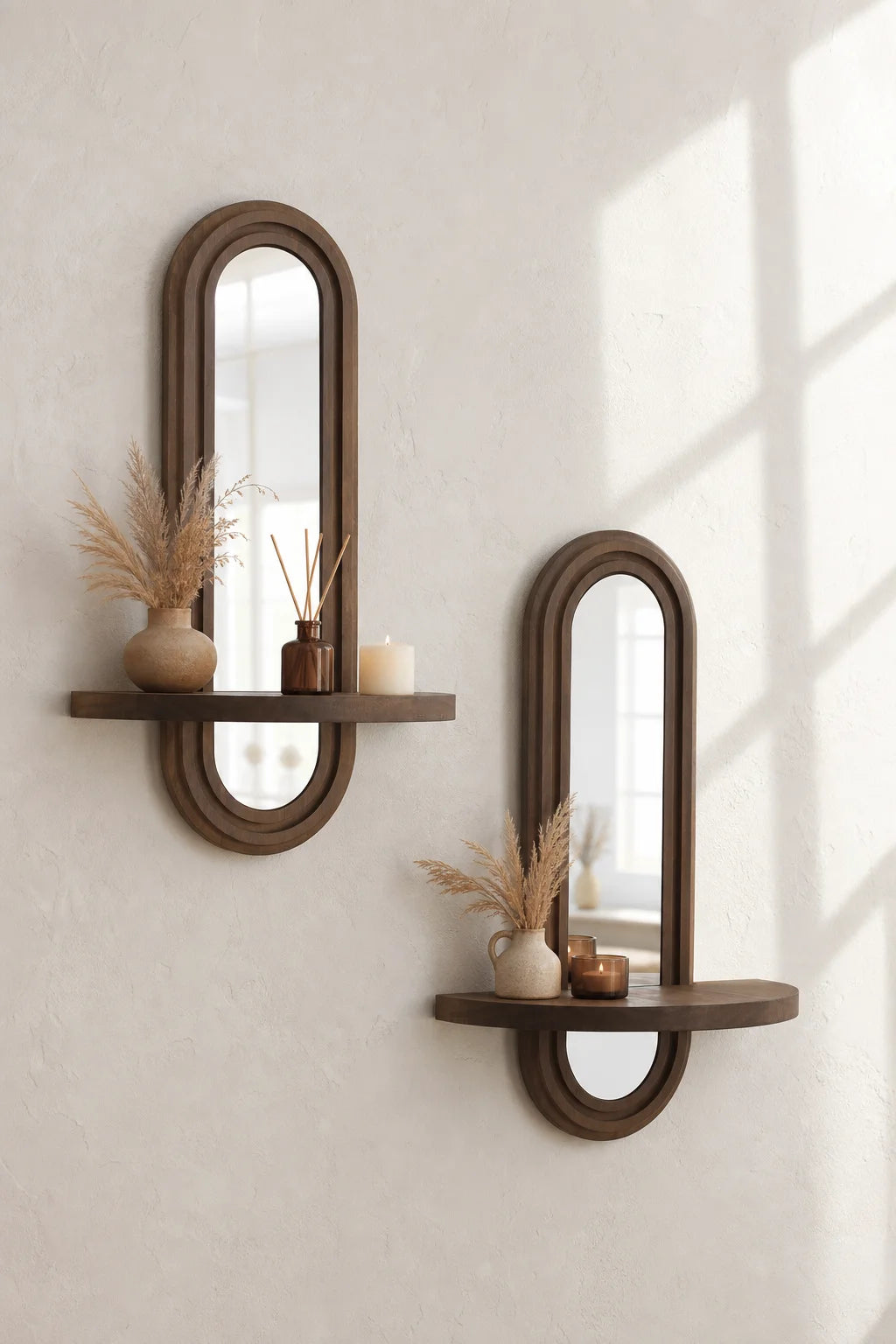 Miroir arche en bois avec étagère flottante – Esprit bohème