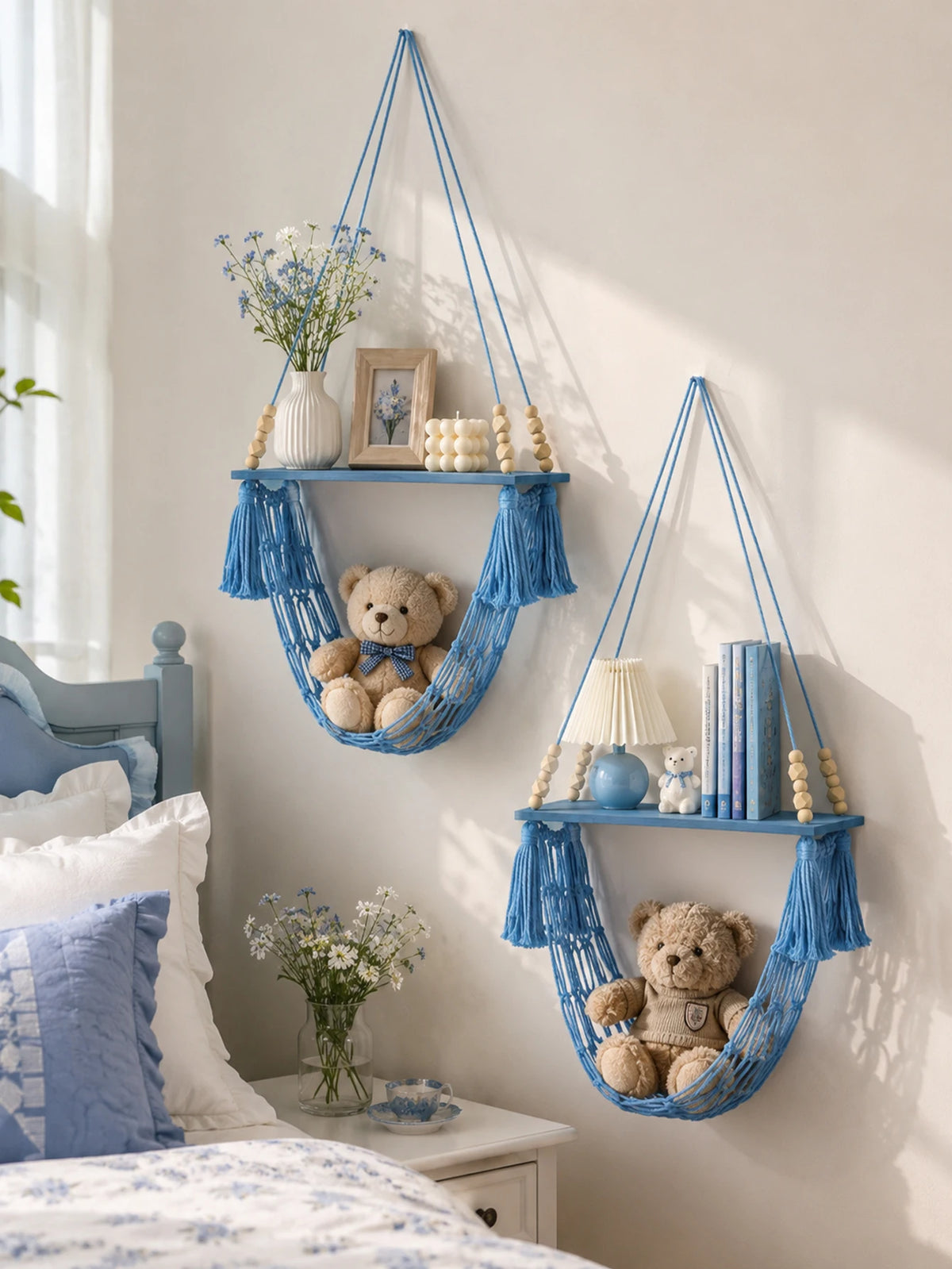 Étagère suspendue en macramé & panier filet – Bohème