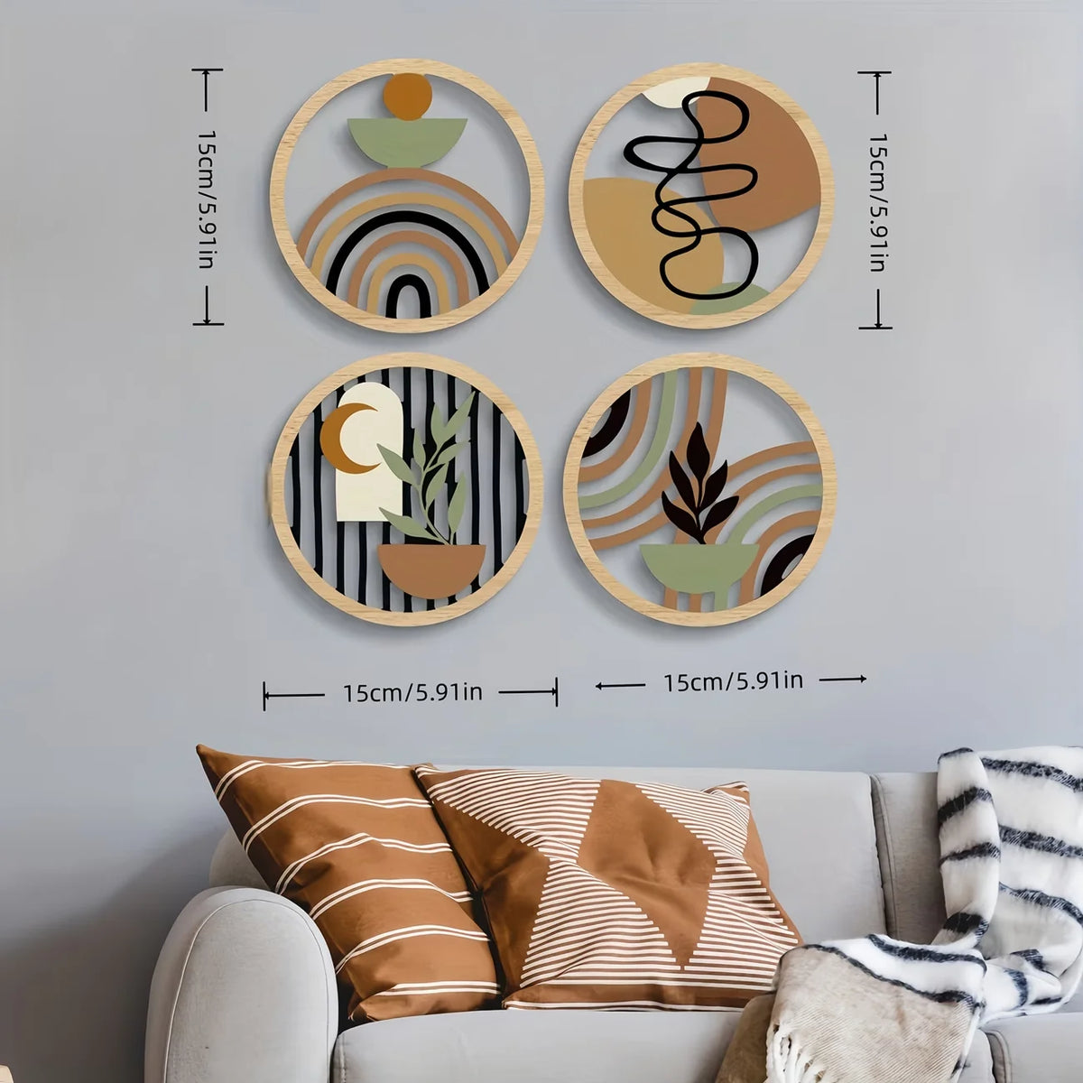 Lot de 4 décorations murales rondes en bois, style bohème