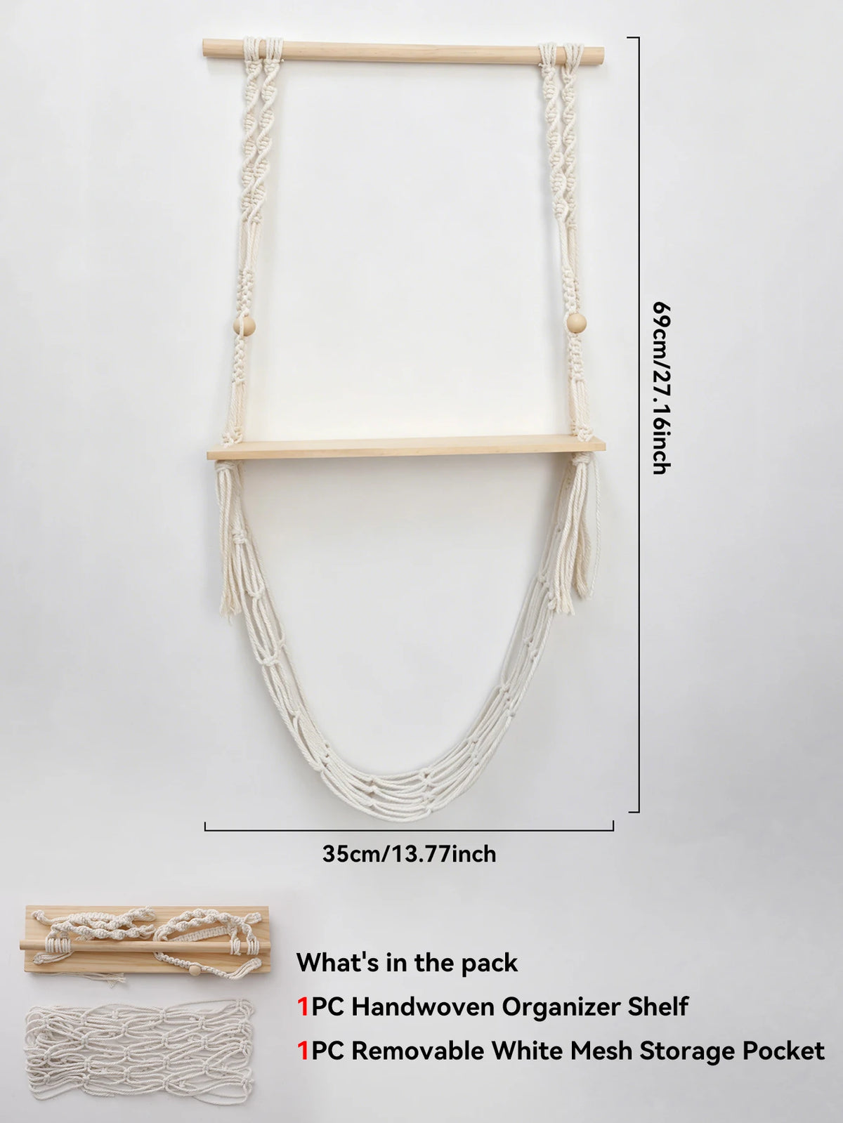 Étagère suspendue en macramé & panier filet – Bohème