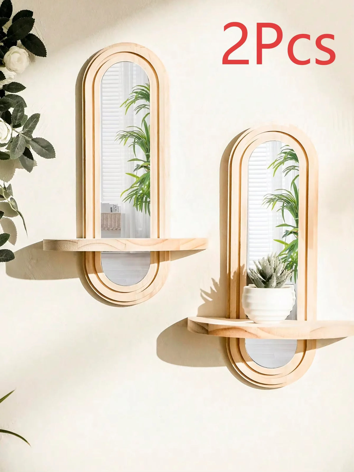 Miroir arche en bois avec étagère flottante – Esprit bohème