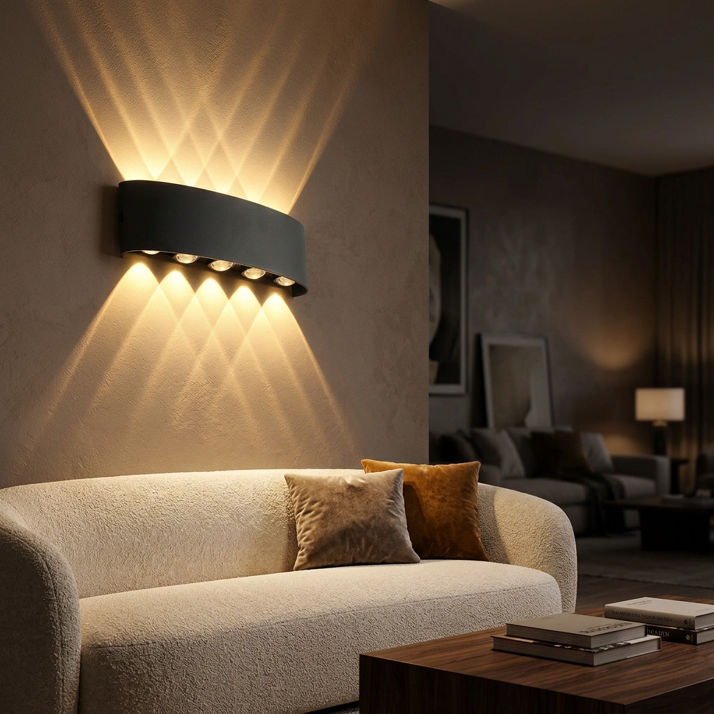 Applique LED noire haut et bas au-dessus d'un canapé dans un salon le soir
