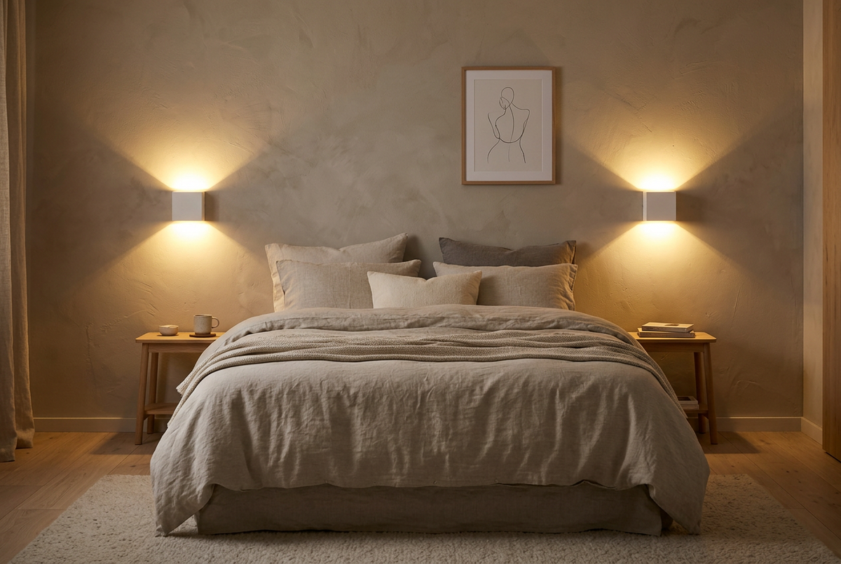 Deux appliques LED blanches de chaque côté d'un lit dans une chambre cosy