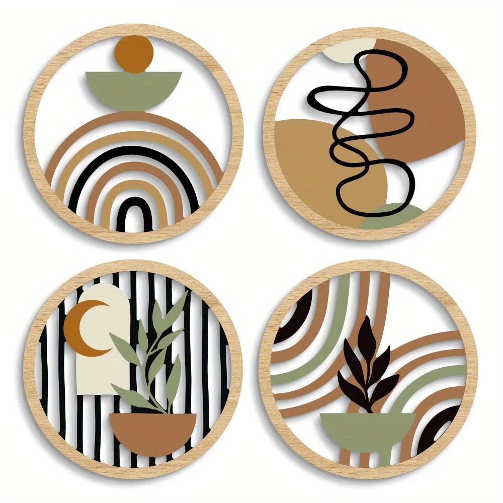 Lot de 4 décorations murales rondes en bois, style bohème