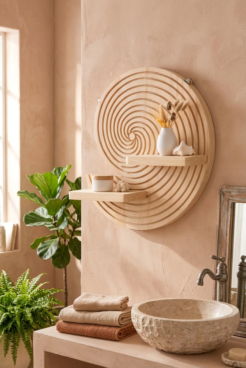 Étagère murale coquillage en bois dans une salle de bain bohème