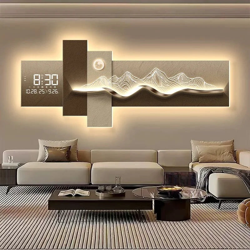 Tableau mural lumineux LED avec horloge, décor montagne